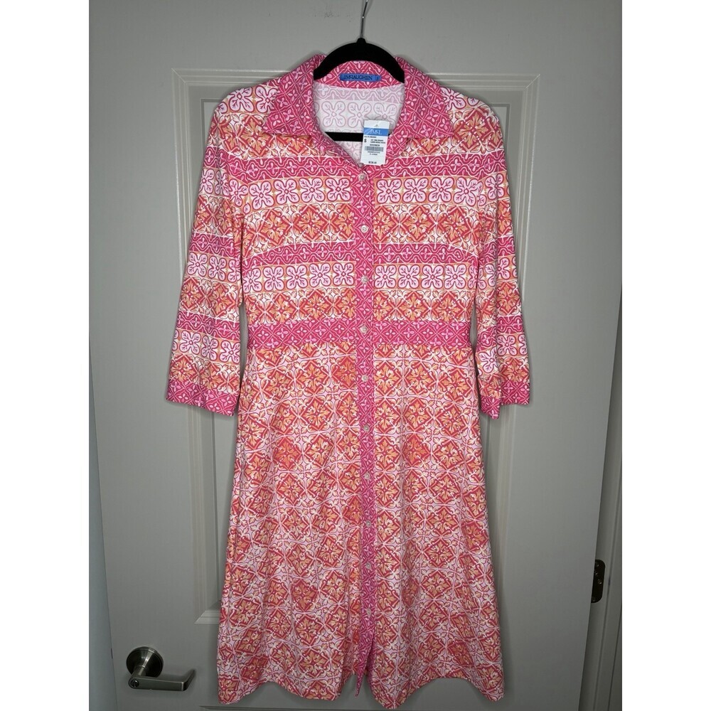 J McLaughlin NWT Kailyn Midi Dress Hot Pink/Orange Garden Mosaic Waves Small - Picture 2 of 7